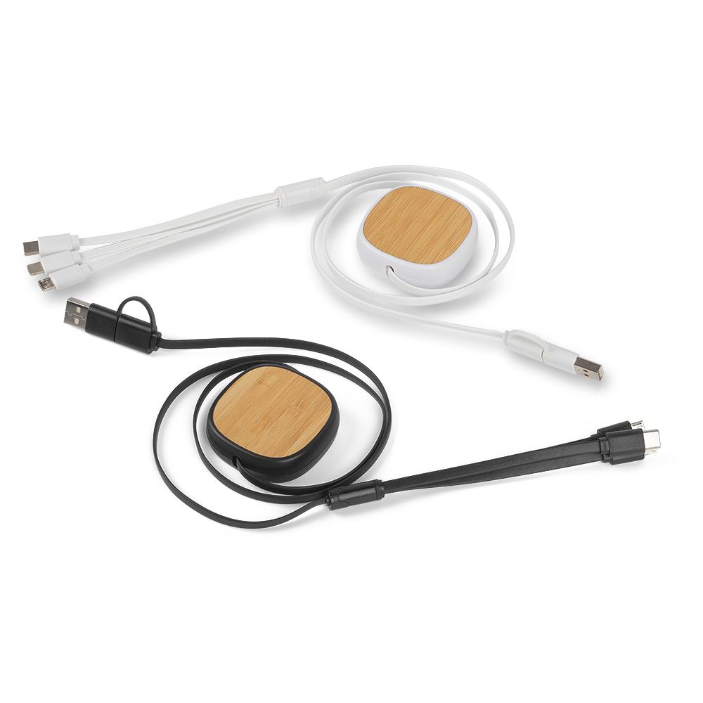 Cabo Carregador USB com 3 Entradas Base de Bambu Preto