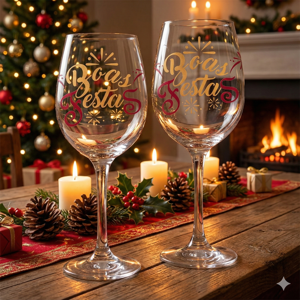 Kit Com 2 Taças de Vinho - Boas Festas