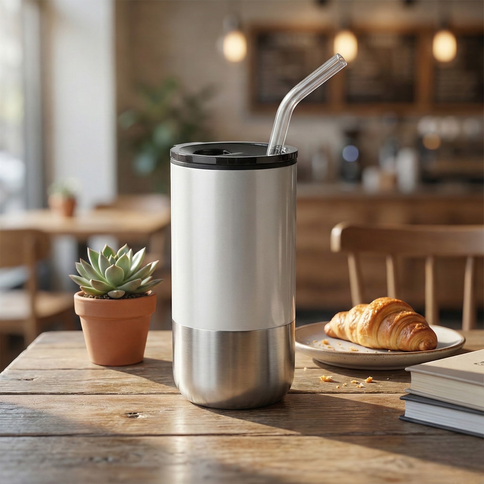 Copo Com Tampa e Canudo Inox 550ml Branco