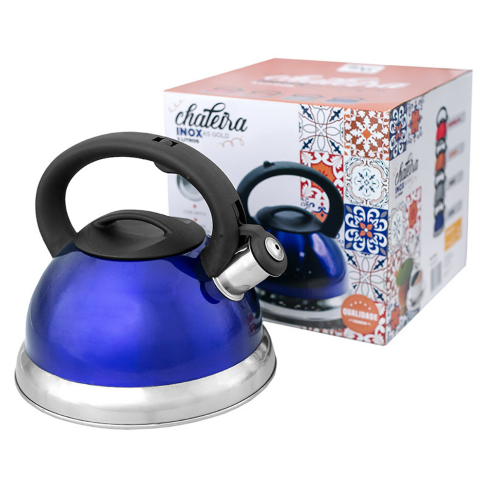 Chaleira em Inox com Apito e Fundo Duplo à Indução Azul