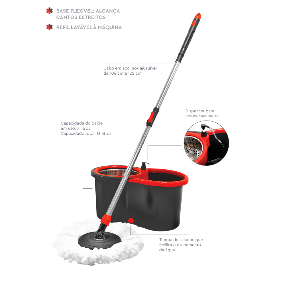 Mop Giratório Pro em Inox com Balde 13L e Esfregão Cabo 1,25m