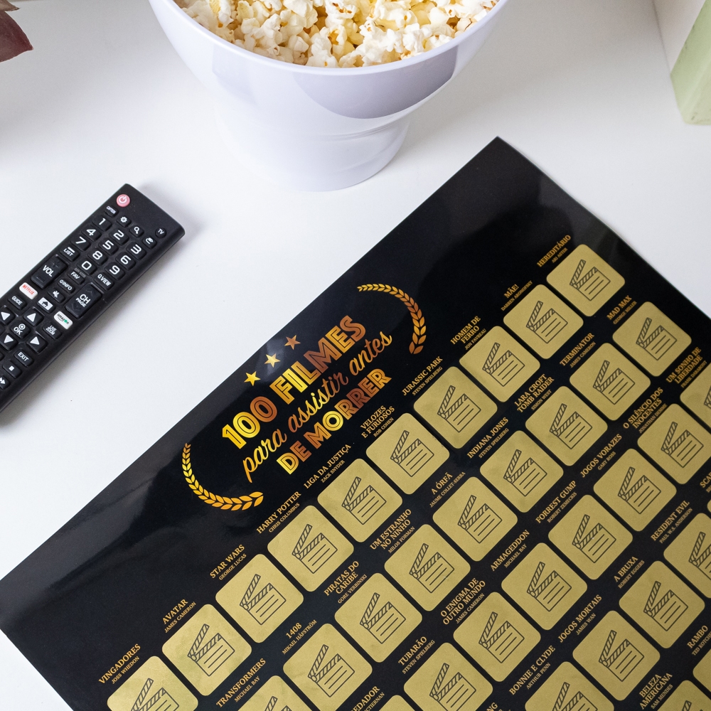 Kit Pipoca Preto + Pôster Raspadinha 100 Filmes para Assistir Antes de Morrer
