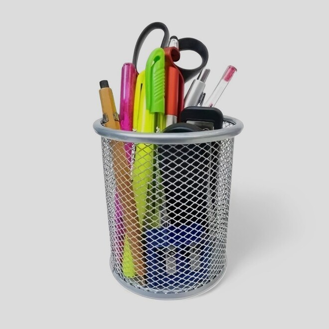 Porta Lápis de Metal Aramado Redondo Organizador de Escritório Cinza