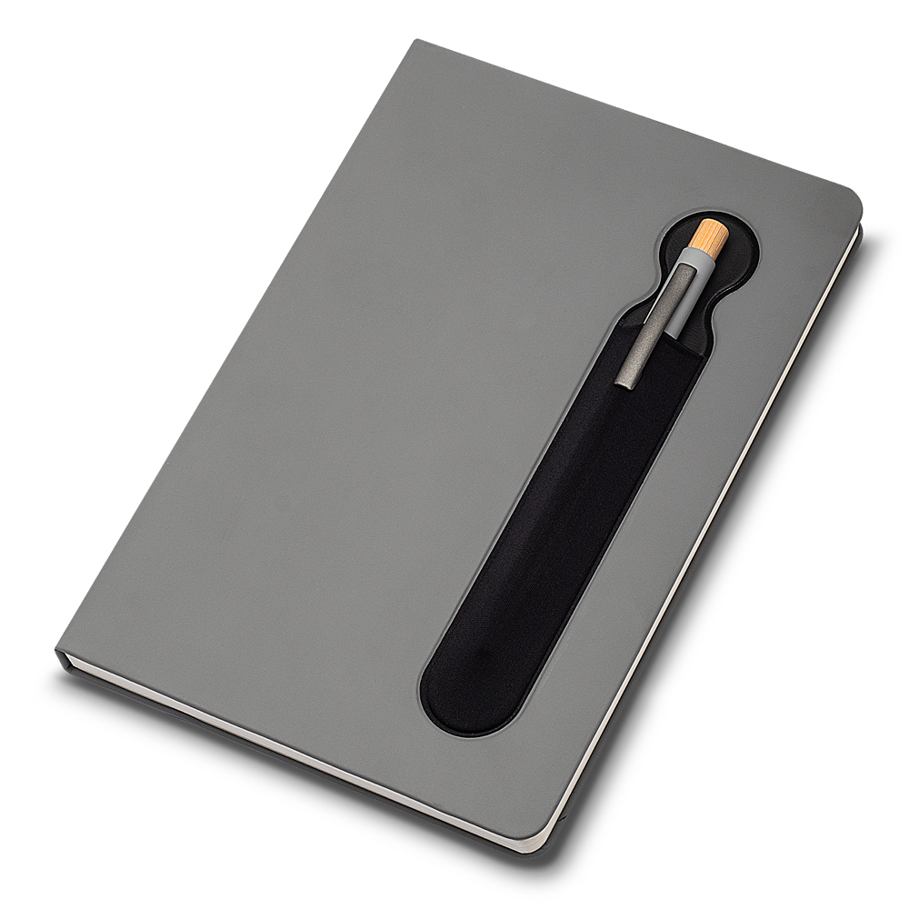 Caderno Capa Dura com Suporte de Caneta 80 Folhas Cinza
