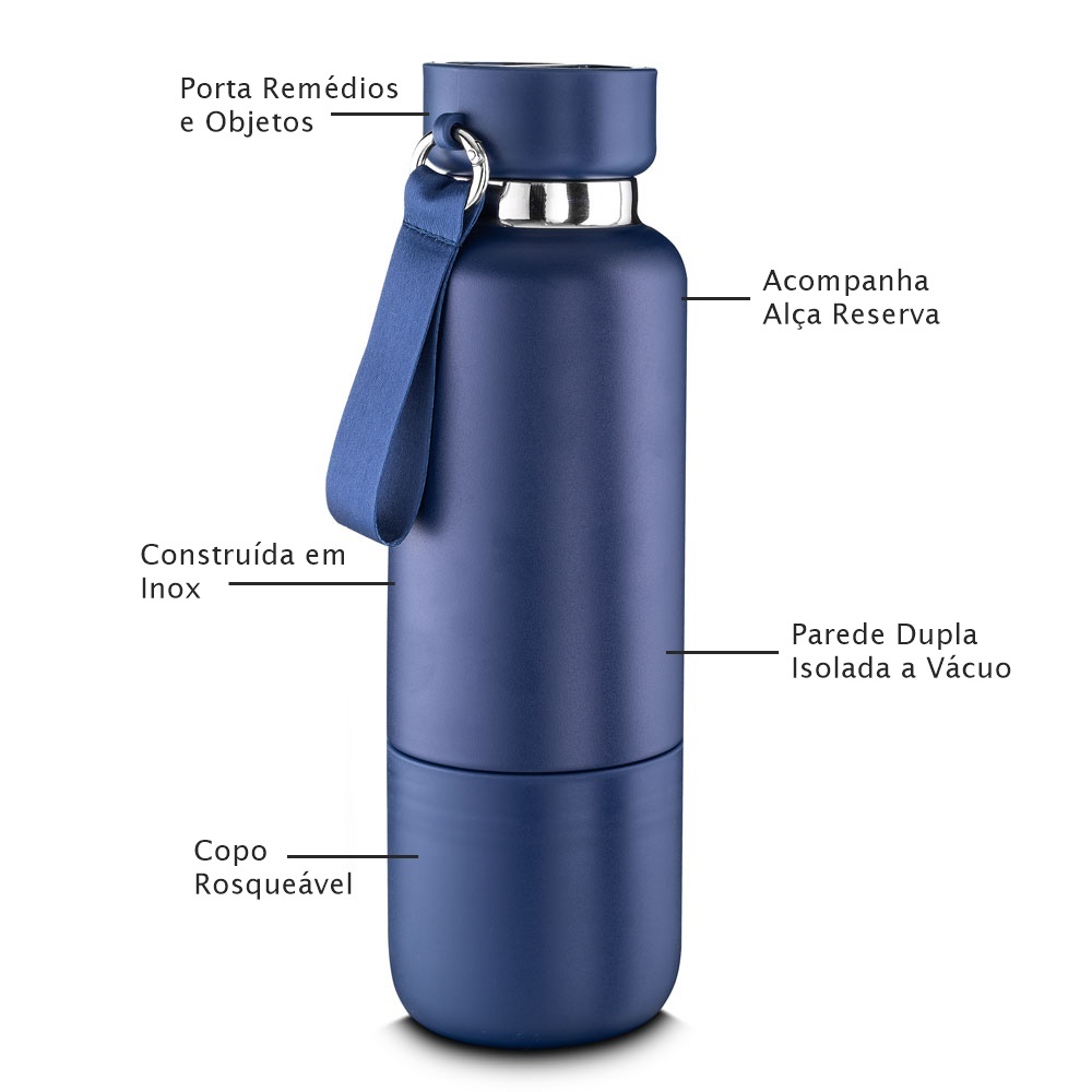 Garrafa Inox 500ml com Porta Comprimidos + Copo Azul