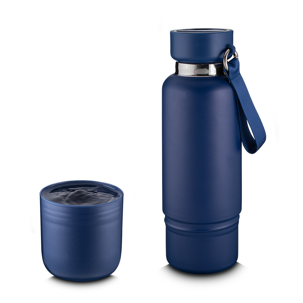Garrafa Inox 500ml com Porta Comprimidos + Copo Azul