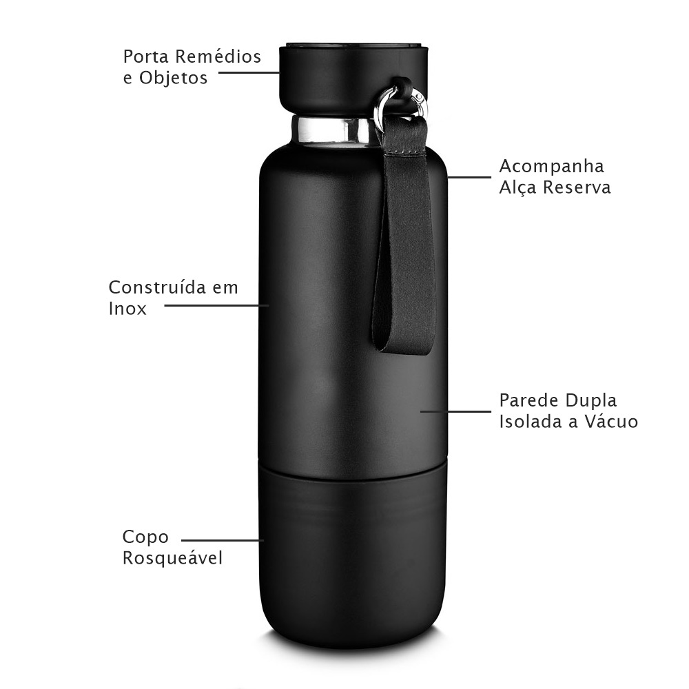 Garrafa Inox 500ml com Porta Comprimidos + Copo Preto