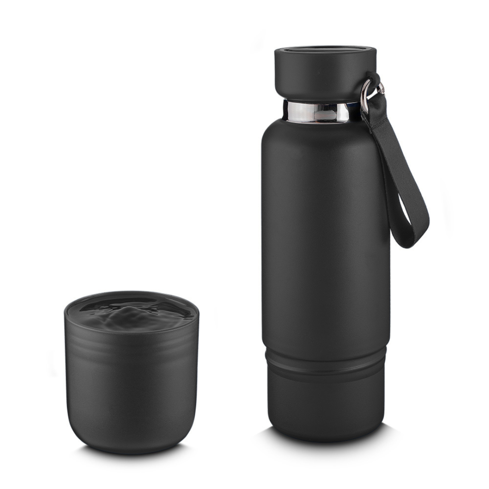 Garrafa Inox 500ml com Porta Comprimidos + Copo Preto