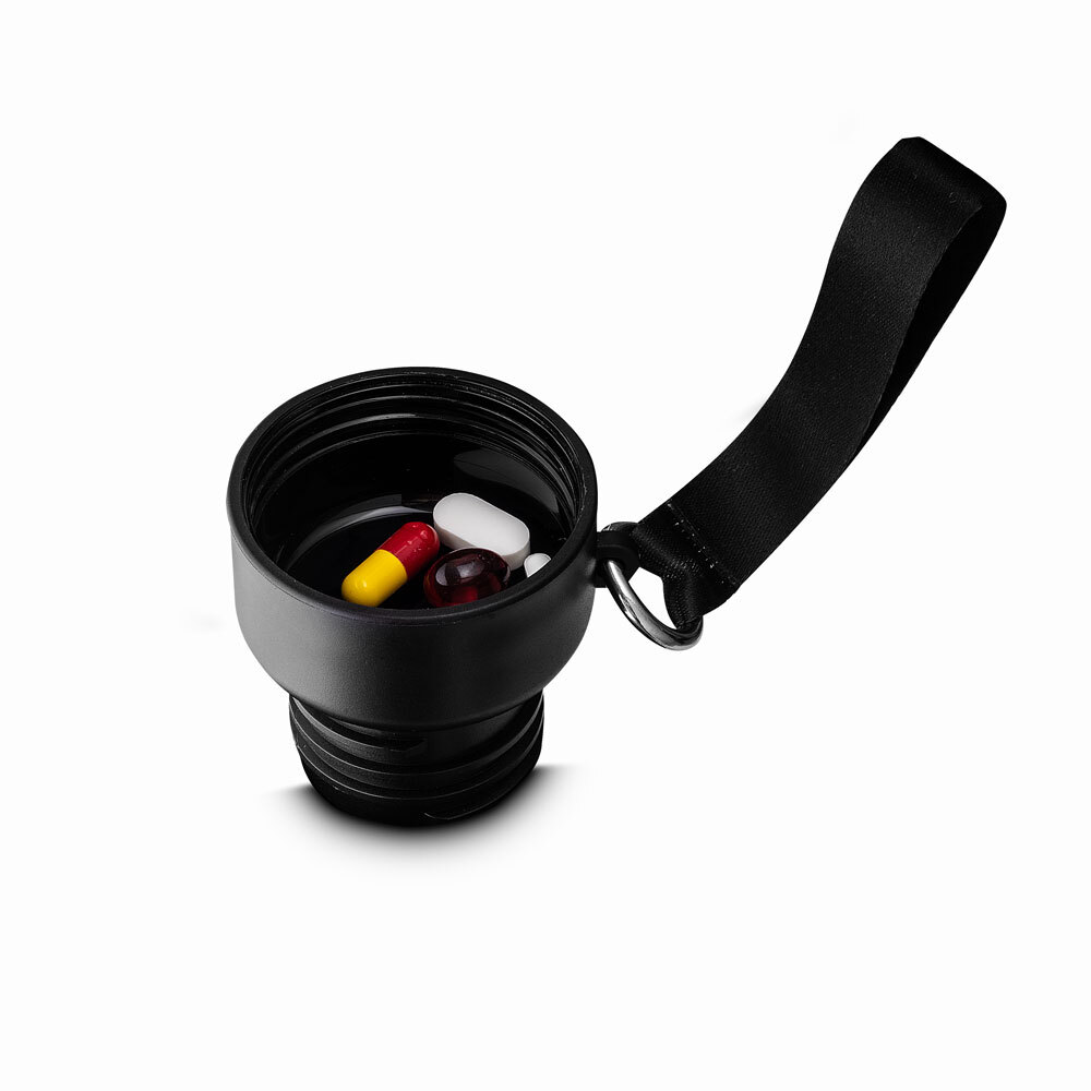 Garrafa Inox 500ml com Porta Comprimidos + Copo Preto
