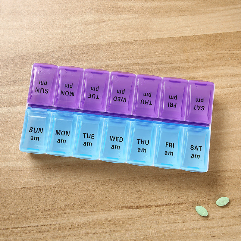 Caixa de Comprimidos de 7 Dias com 14 Compartimentos e Braille - Roxa e Azul