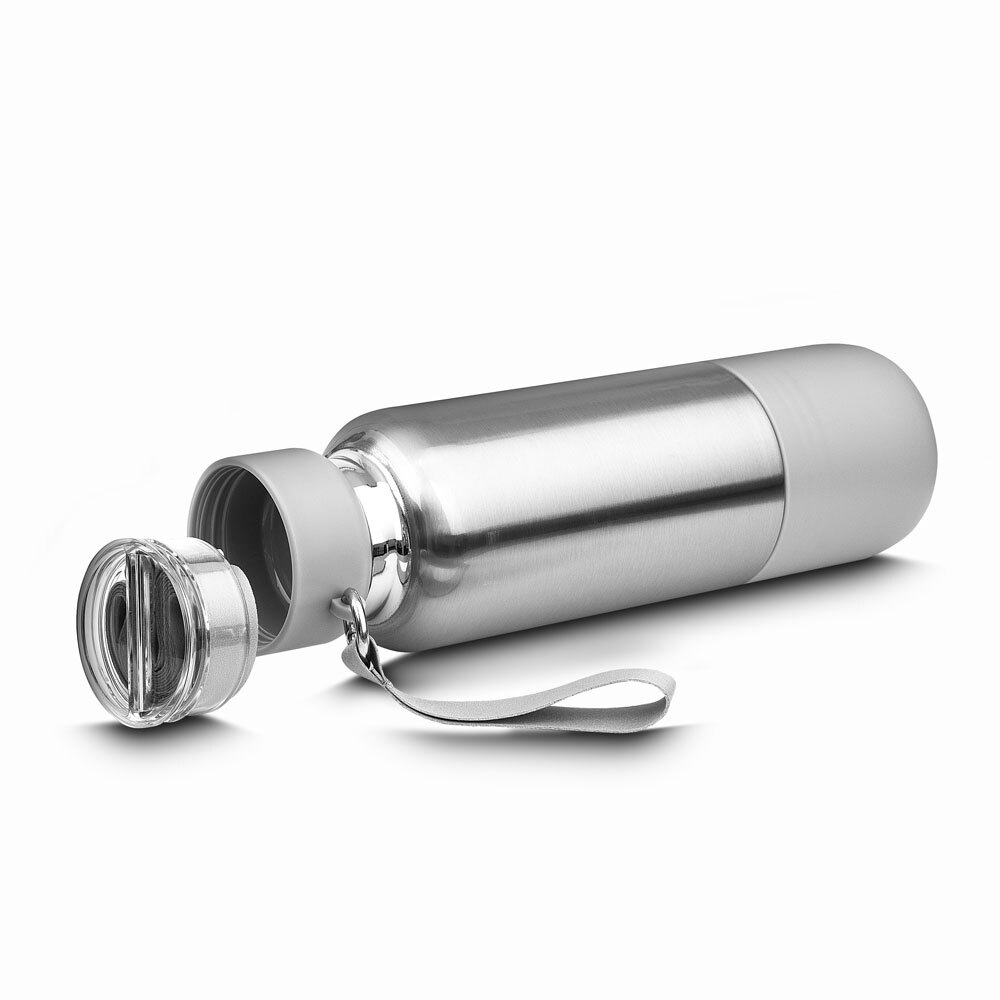 Garrafa em Inox Parede Dupla 500ml Com Copo e Porta Objetos Cinza