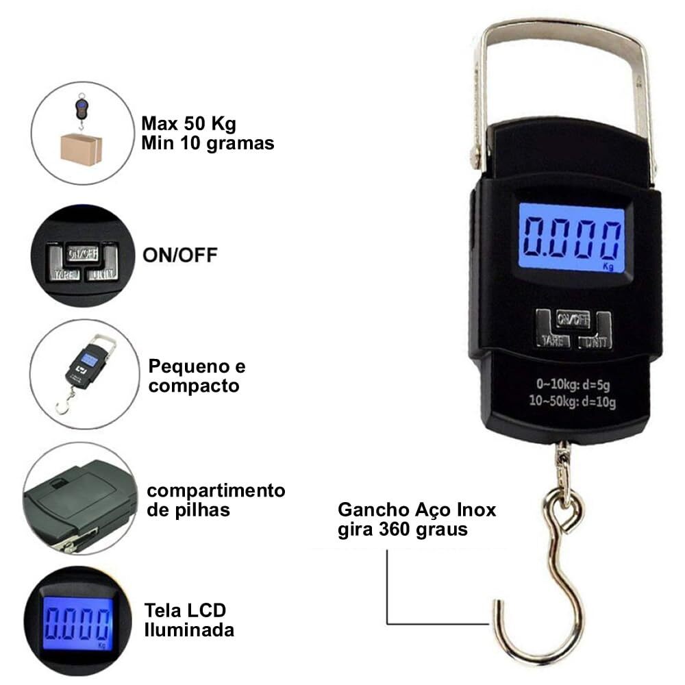 Balança Digital Portátil para Bolsa Mala Peixe Até 50kg