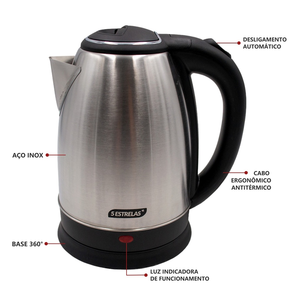 Chaleira Elétrica 1,8L em Inox Escovado 220v 1500w Rápida Fervura