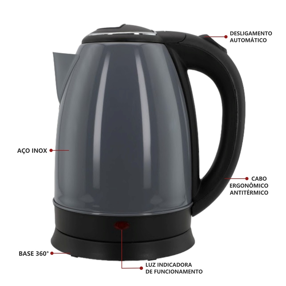 Chaleira Elétrica 1,8L em Inox Cinza 220v 1500w Rápida Fervura