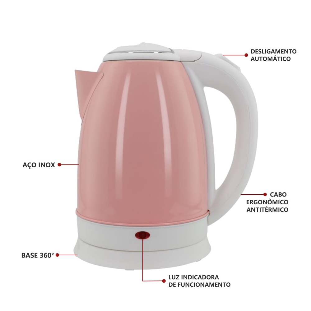 Chaleira Elétrica 1,8L em Inox Rosa 220v 1500w Rápida Fervura