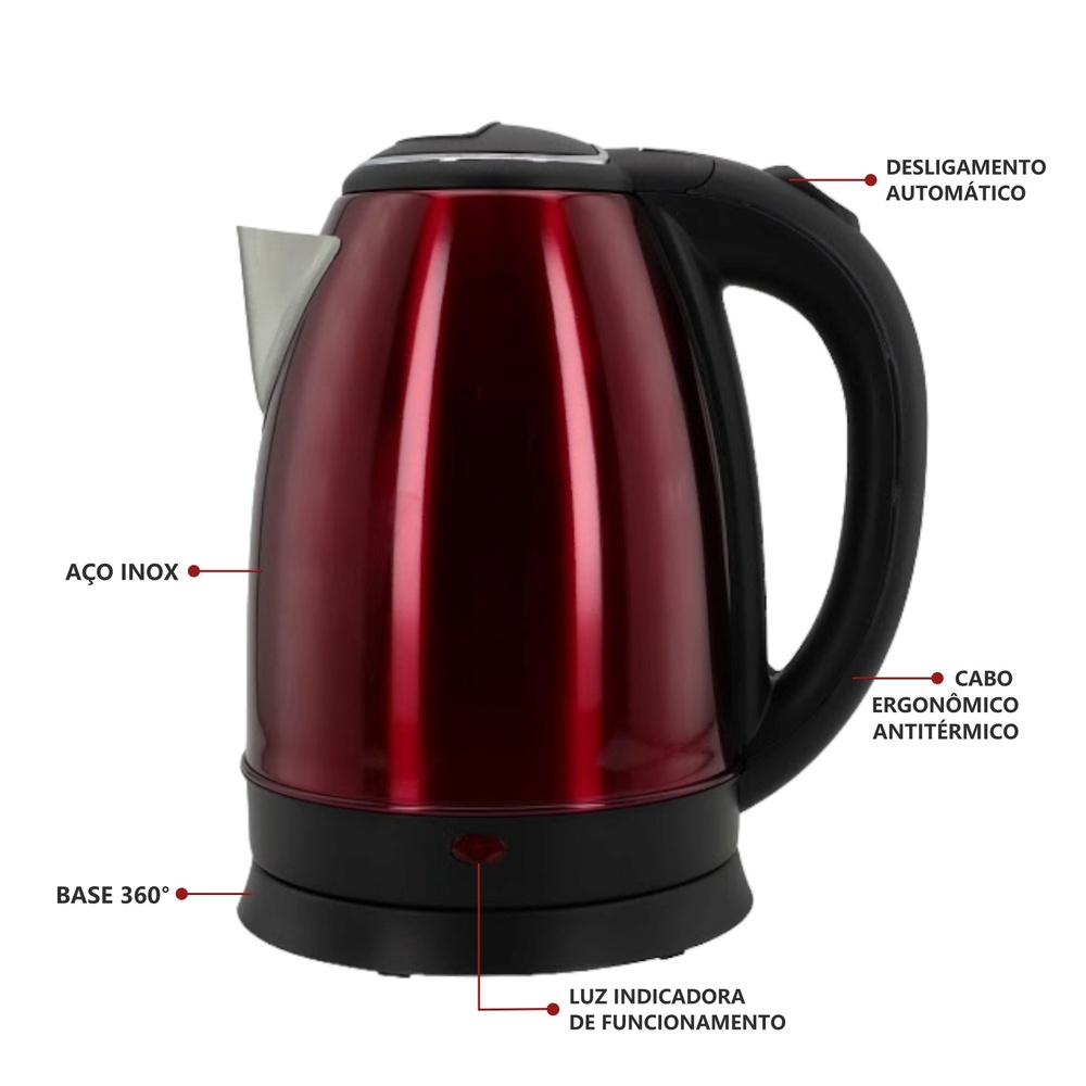 Chaleira Elétrica 1,8L em Inox Vermelha 220v 1500w Rápida Fervura