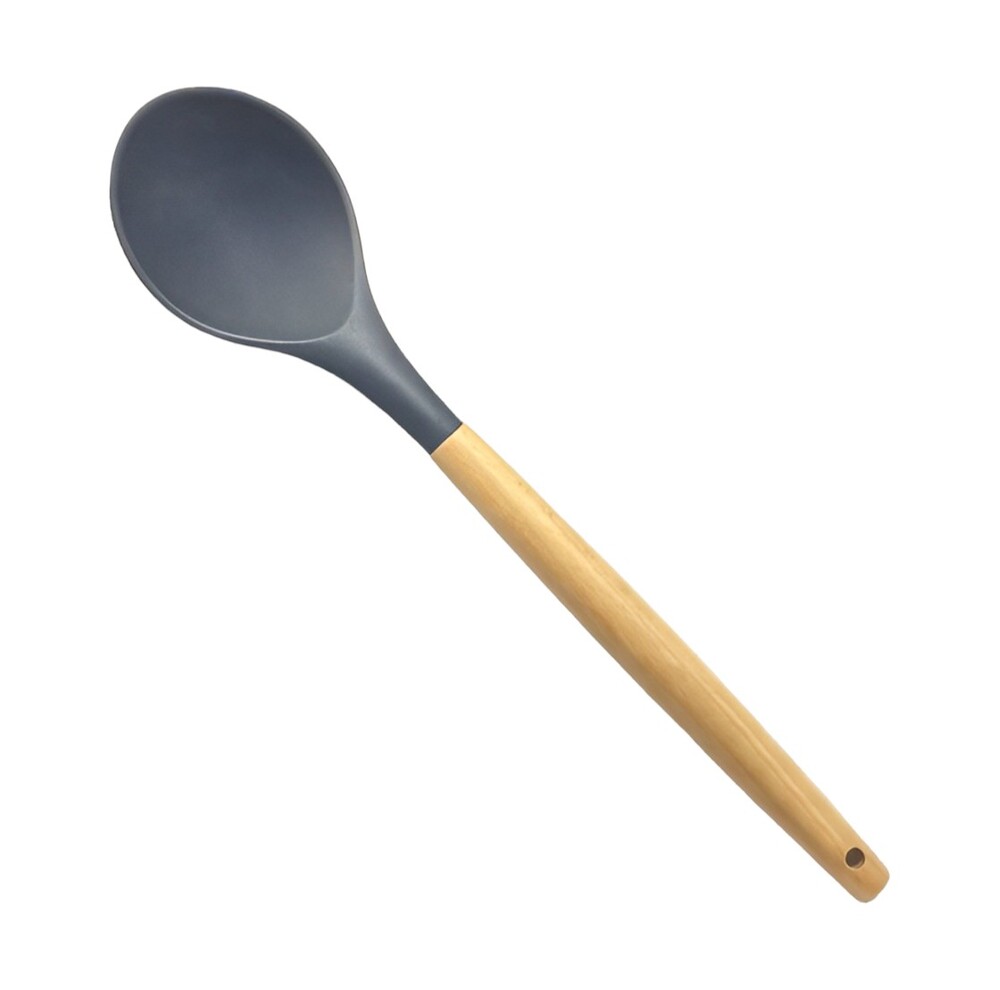 Colher de Silicone Cinza 31cm Cabo de Madeira Livre de BPA