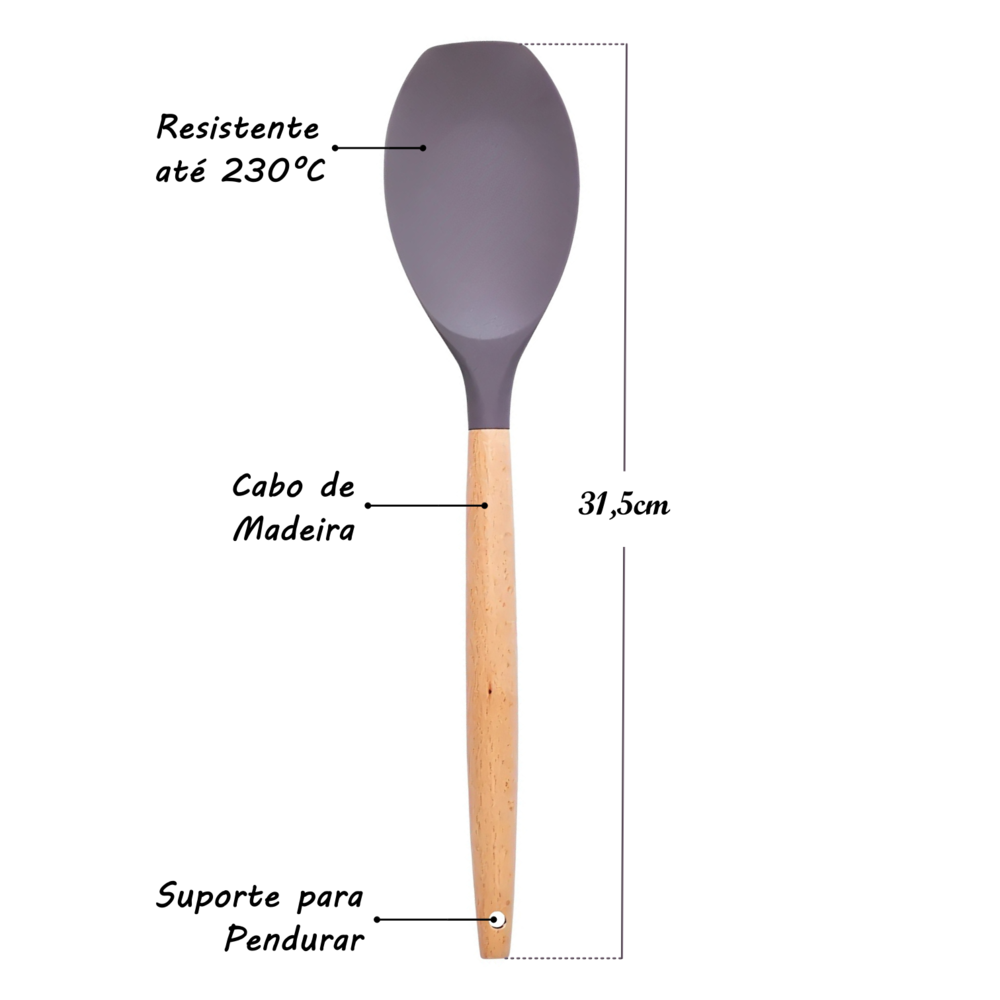 Espátula Pá de Silicone Cabo de Madeira Cinza 31cm Coberturas Fechada