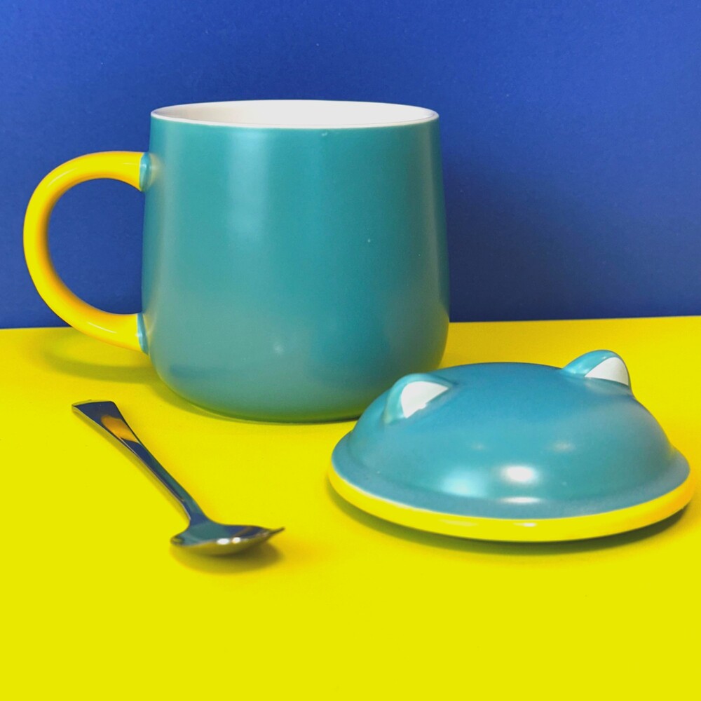 Caneca Porcelana 3D com Tampa e Colher Gatinho Verde