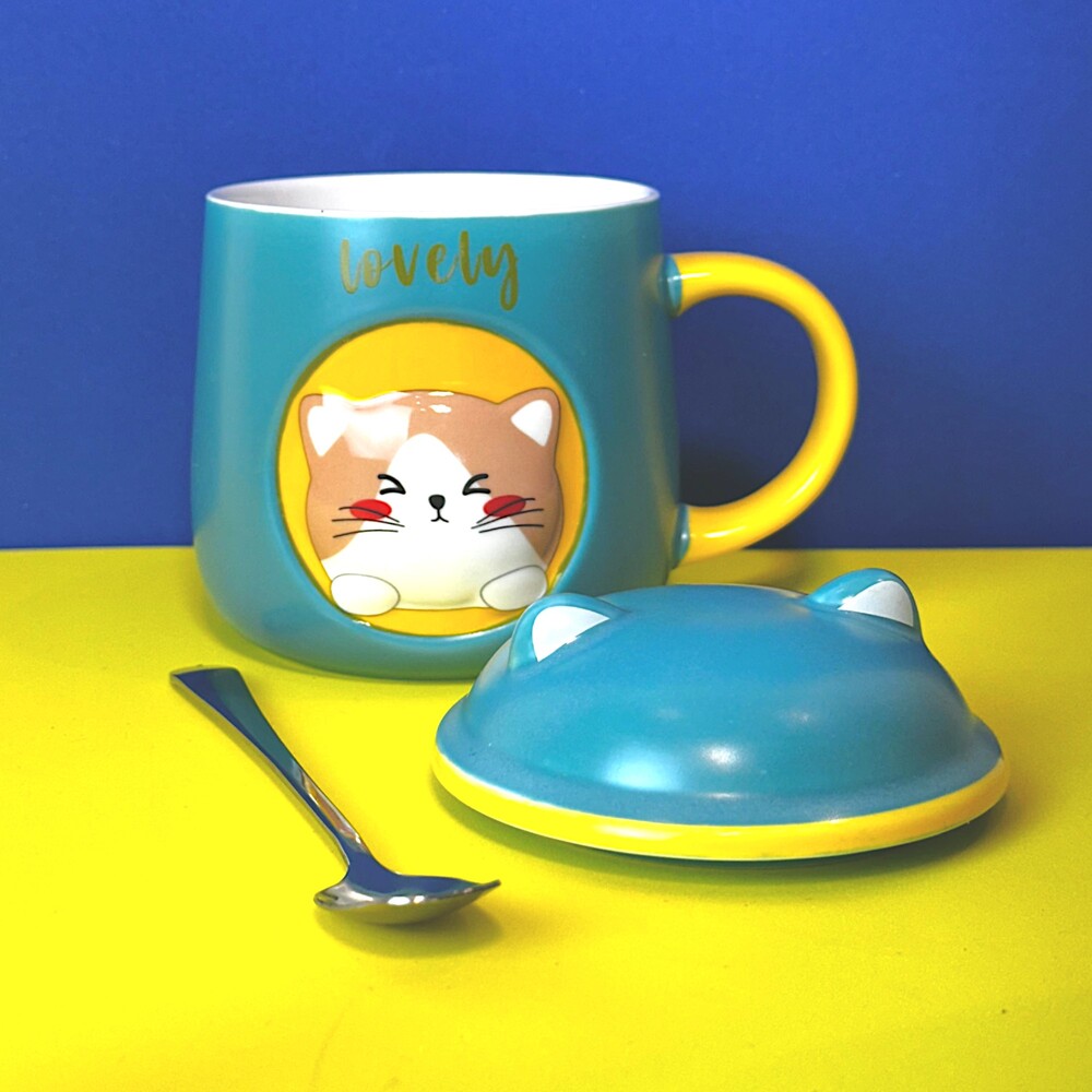 Caneca Porcelana 3D com Tampa e Colher Gatinho Verde