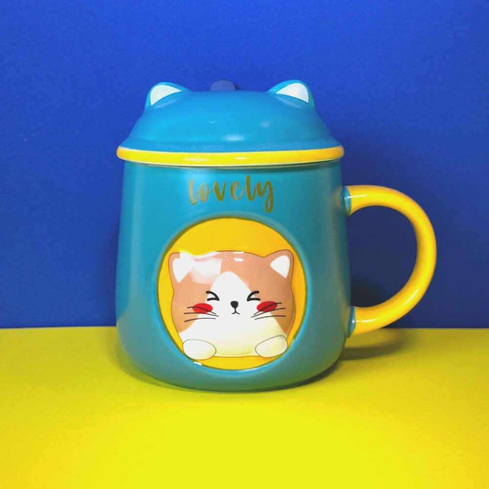 Caneca Porcelana 3D com Tampa e Colher Gatinho Verde