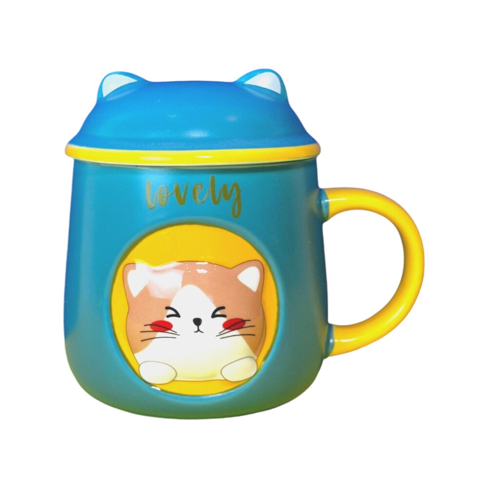 Caneca Porcelana 3D com Tampa e Colher Gatinho Verde
