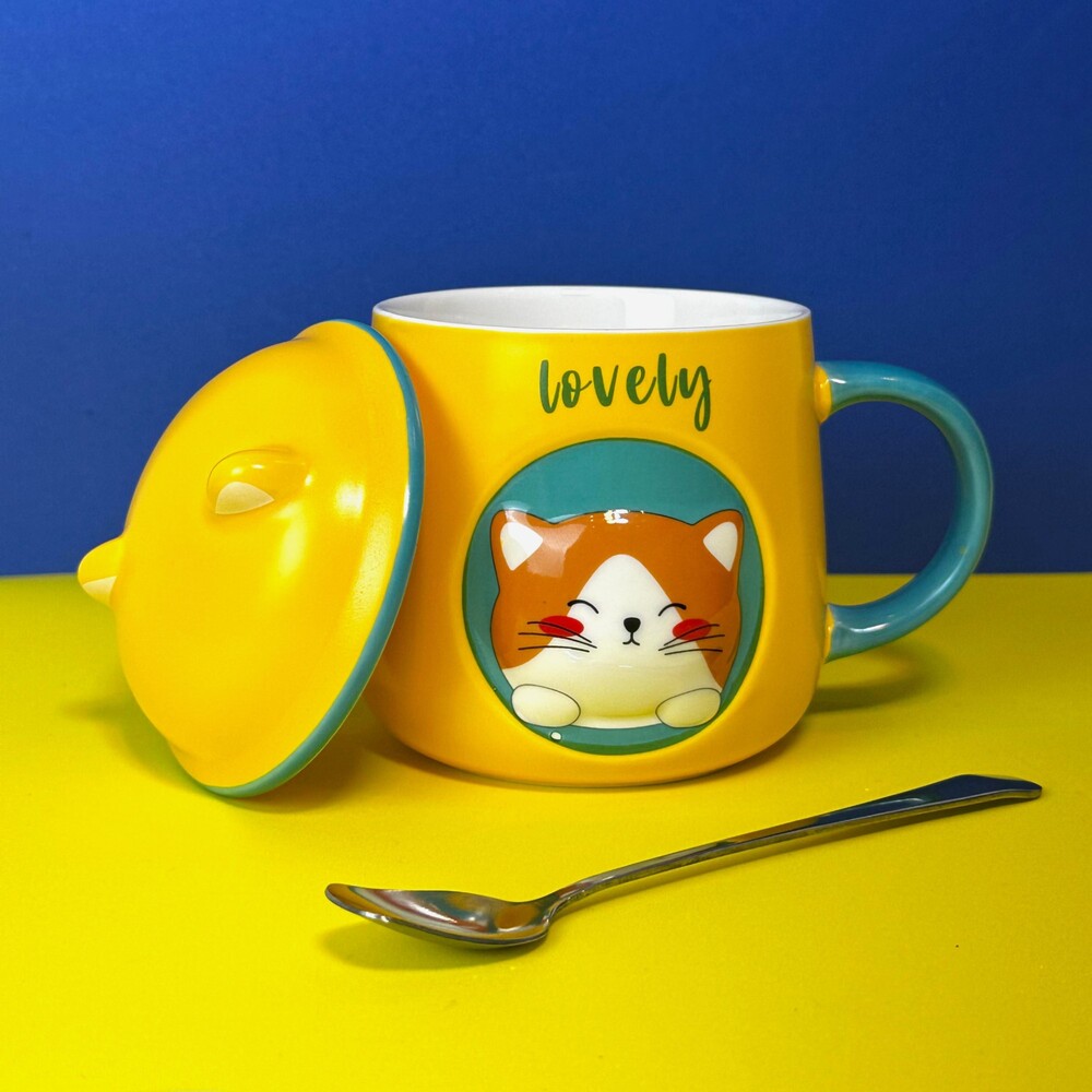 Caneca Porcelana 3D com Tampa e Colher Gatinho Amarela