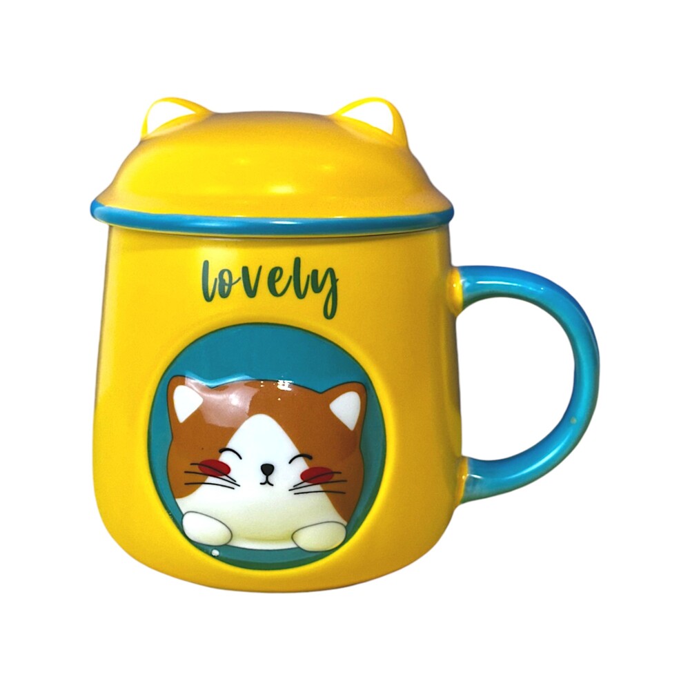 Caneca Porcelana 3D com Tampa e Colher Gatinho Amarela