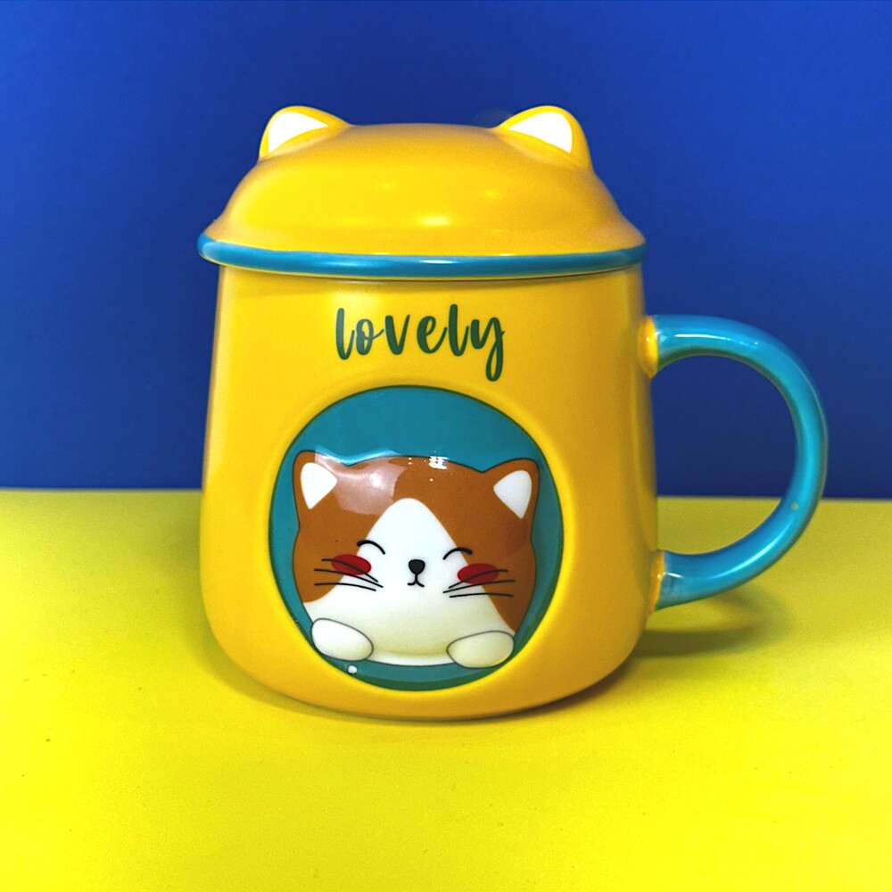 Caneca Porcelana 3D com Tampa e Colher Gatinho Amarela