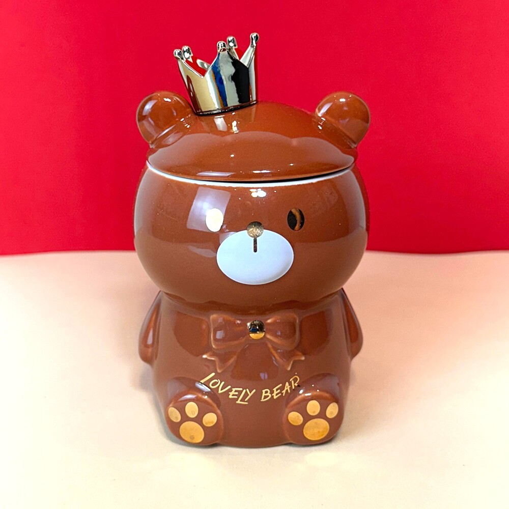 Caneca Porcelana 3D com Tampa e Colher Ursinho Marrom