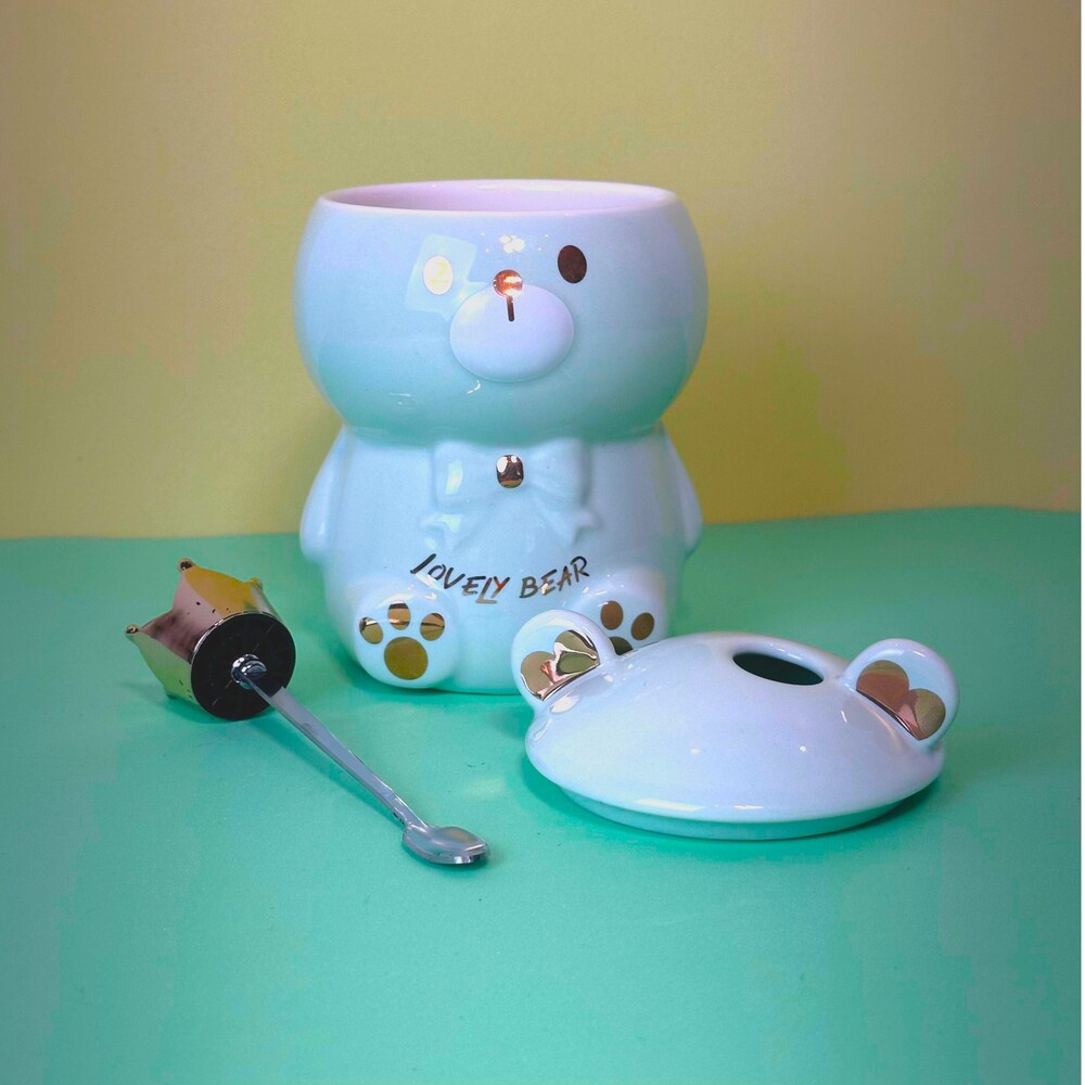 Caneca Porcelana 3D com Tampa e Colher Ursinho Verde