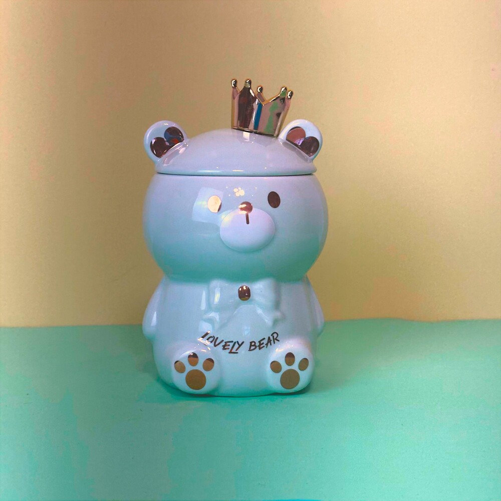 Caneca Porcelana 3D com Tampa e Colher Ursinho Verde