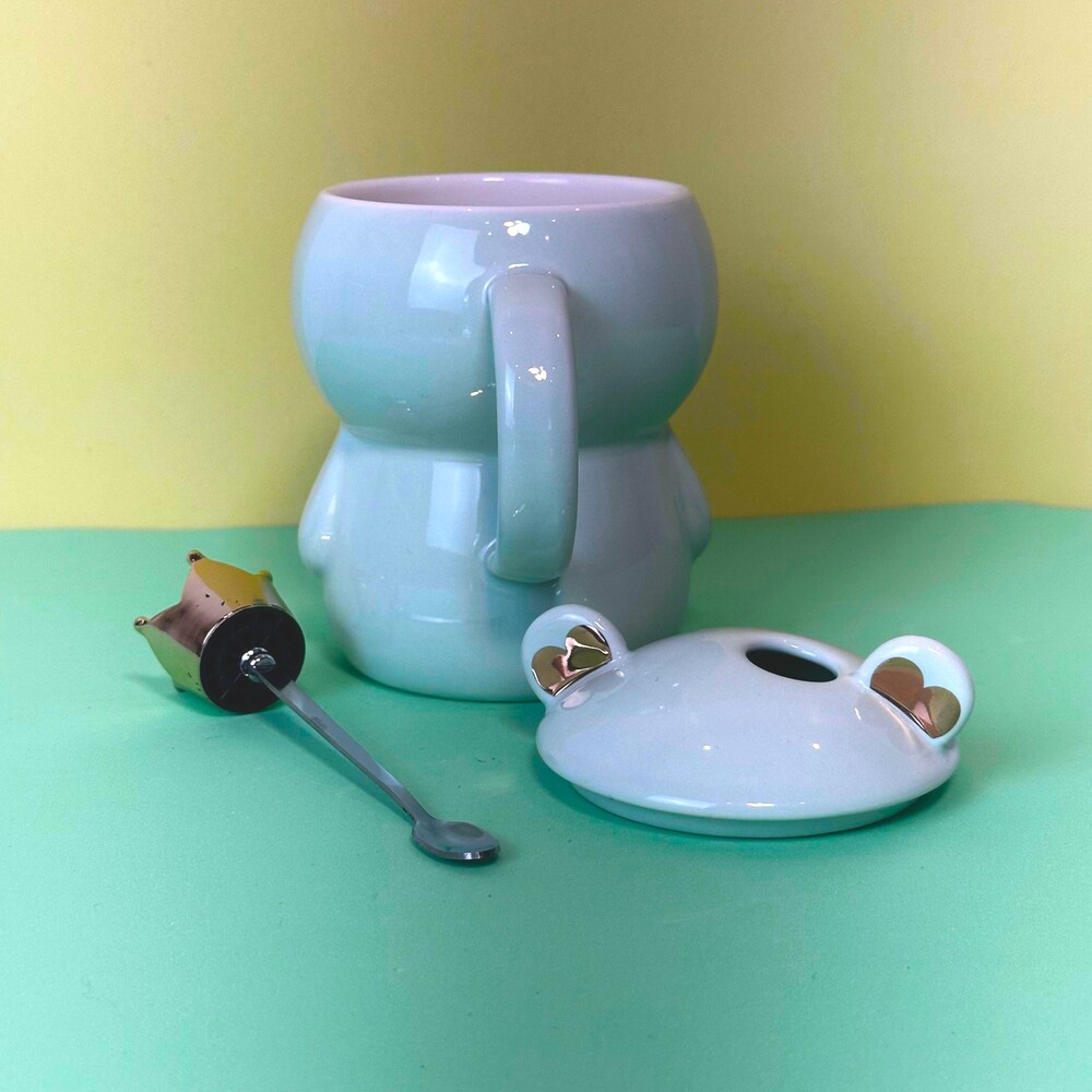 Caneca Porcelana 3D com Tampa e Colher Ursinho Verde