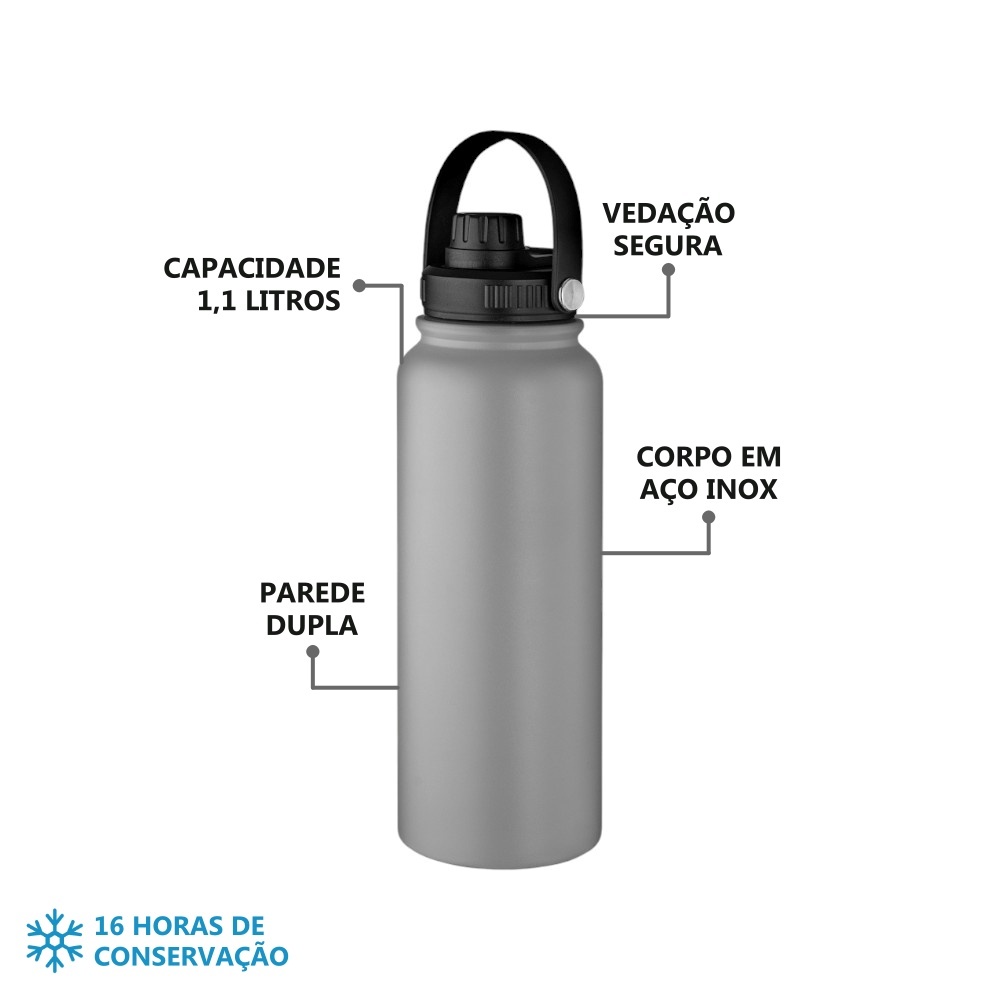 Garrafa Parede Dupla com Alça 1,1L em Aço Inox Cinza