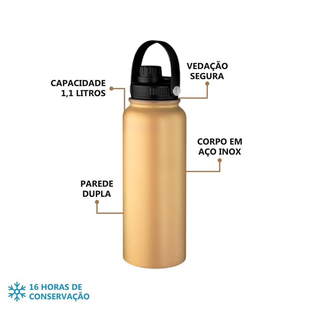 Garrafa Parede Dupla com Alça 1,1L em Aço Inox Laranja