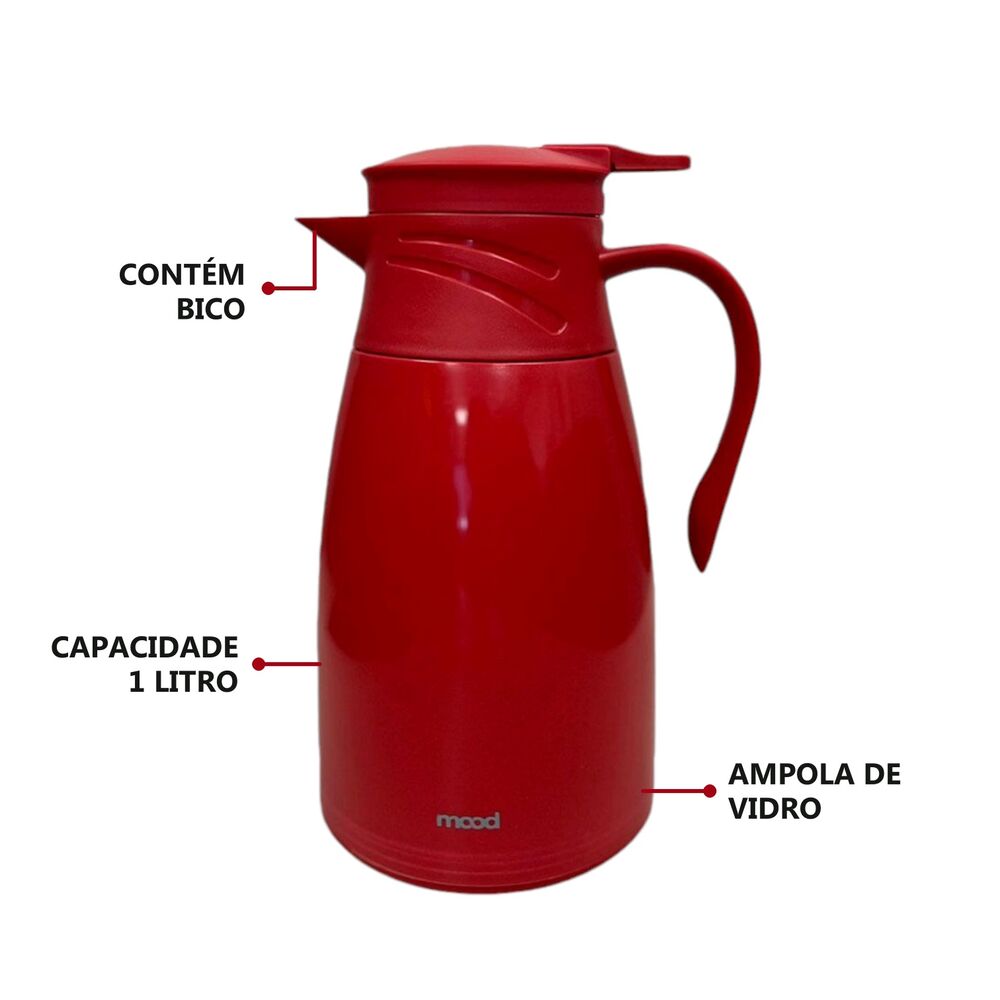 Garrafa Térmica Plástica Bule 1L Cafés Chás Vermelho - Mood