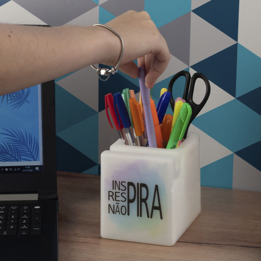 Organizador de Mesa Iluminado Não Pira Porta Lápis e Celulares