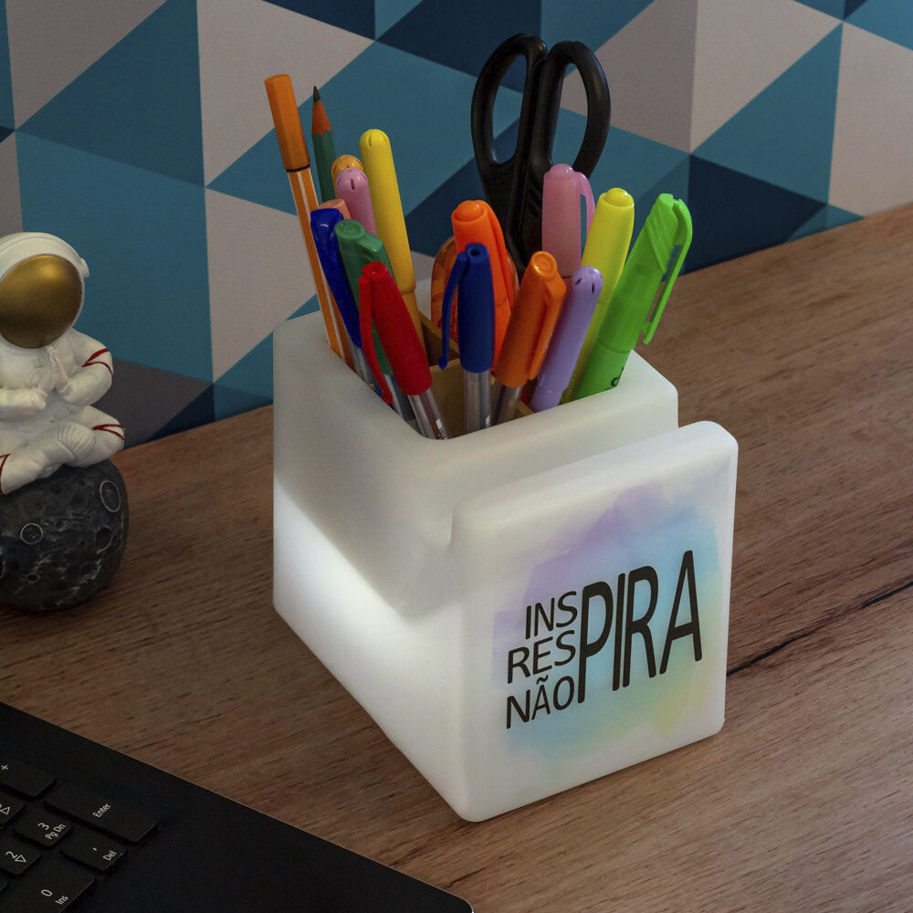 Organizador de Mesa Iluminado Não Pira Porta Lápis e Celulares