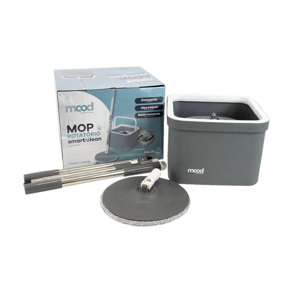 Mop Rotatório com Balde Compacto Quadrado Cinza/Branco Sistema Inteligente