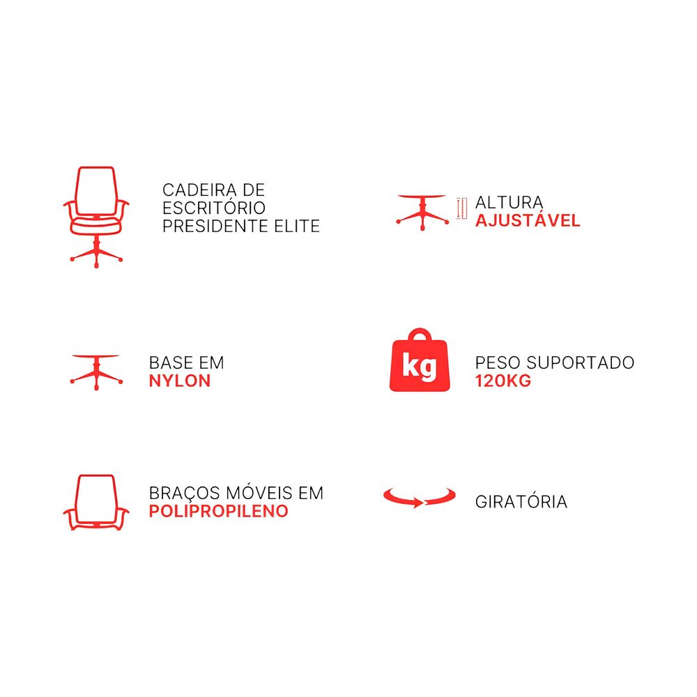 Cadeira de Escritório Presidente Elite Encosto de Cabeça Ajustável Premium