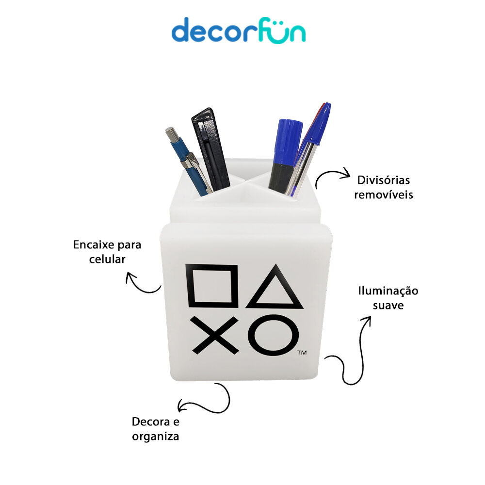Organizador de Mesa Iluminado Porta Lápis e Celulares PlayStation