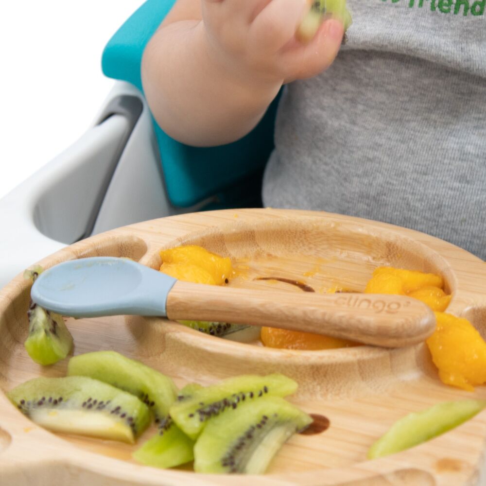 Colher de Bambu e Silicone Azul para Bebês – Antimicrobiana