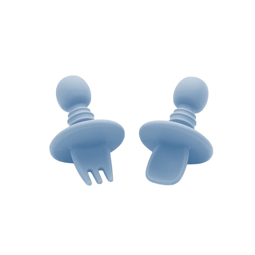 Talheres Flex de Silicone Azul – Seguros para Bebês com Escudo Limitador