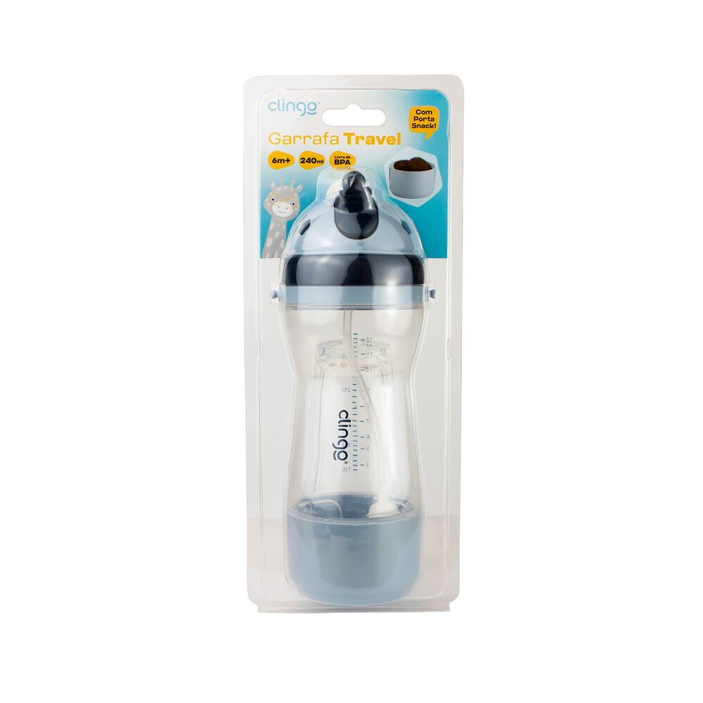Garrafa Travel com Porta-Lanchinho e Canudo Retrátil Silicone 380ml Anti-Vazamento - Azul