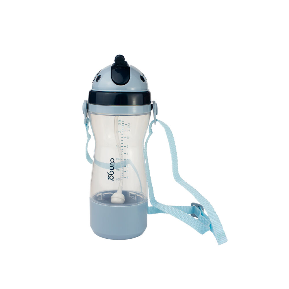 Garrafa Travel com Porta-Lanchinho e Canudo Retrátil Silicone 380ml Anti-Vazamento - Azul