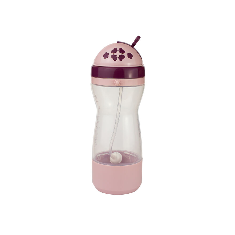 Garrafa Travel com Porta-Lanchinho e Canudo Retrátil Silicone 380ml Anti-Vazamento - Rosa