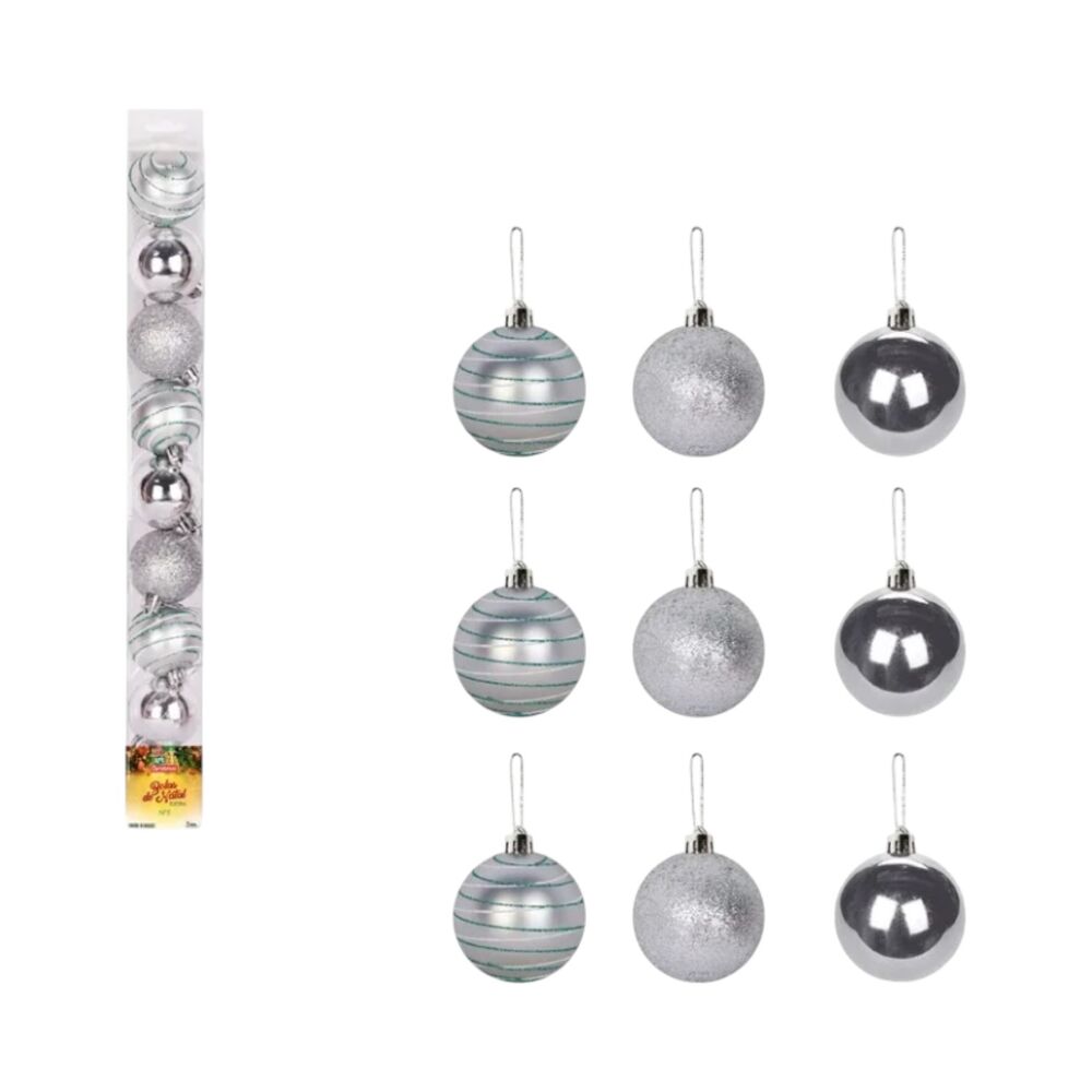 Kit 9 Bolinhas para Árvore de Natal 5cm Enfeite Prata