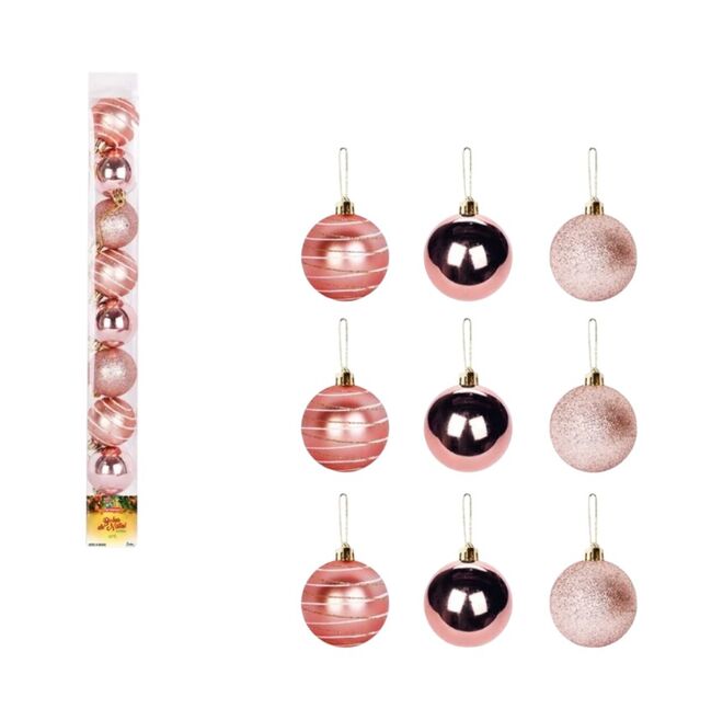 Kit 9 Bolinhas para Árvore de Natal 5cm Enfeite Rose