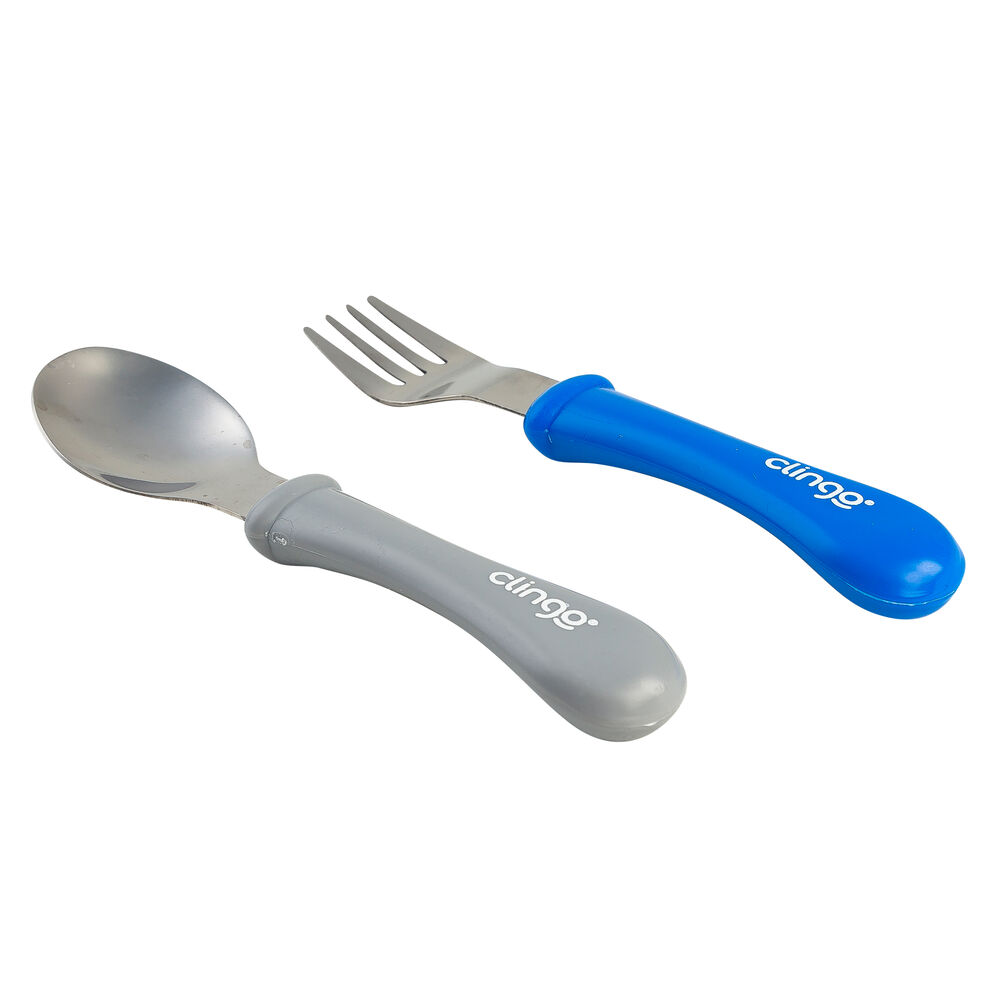 Colher e Garfo de Metal Colors Azul/Cinza Para Bebê