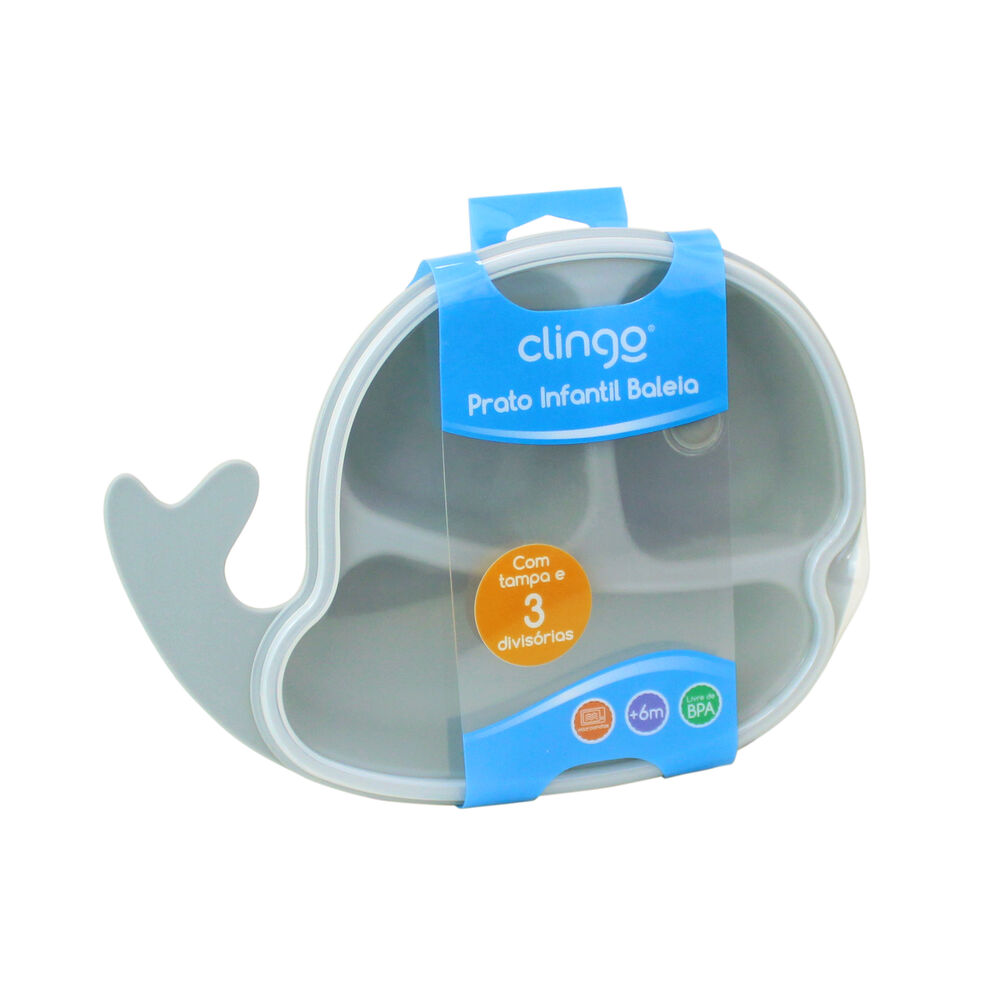 Prato Infantil com Divisória Clingo - Baleia Cinza